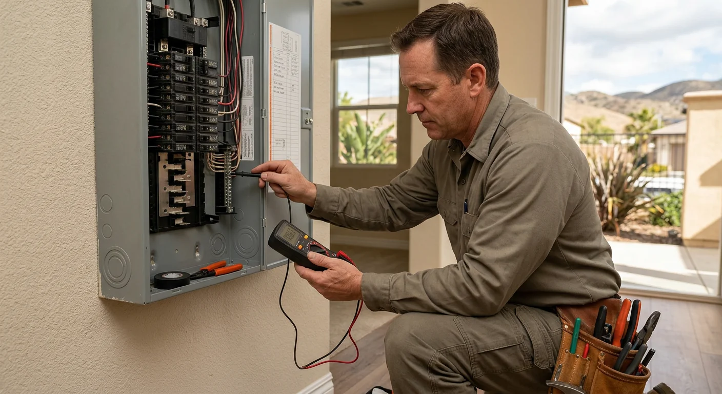 Electrician testing circuits during a Lake Elsinore service call