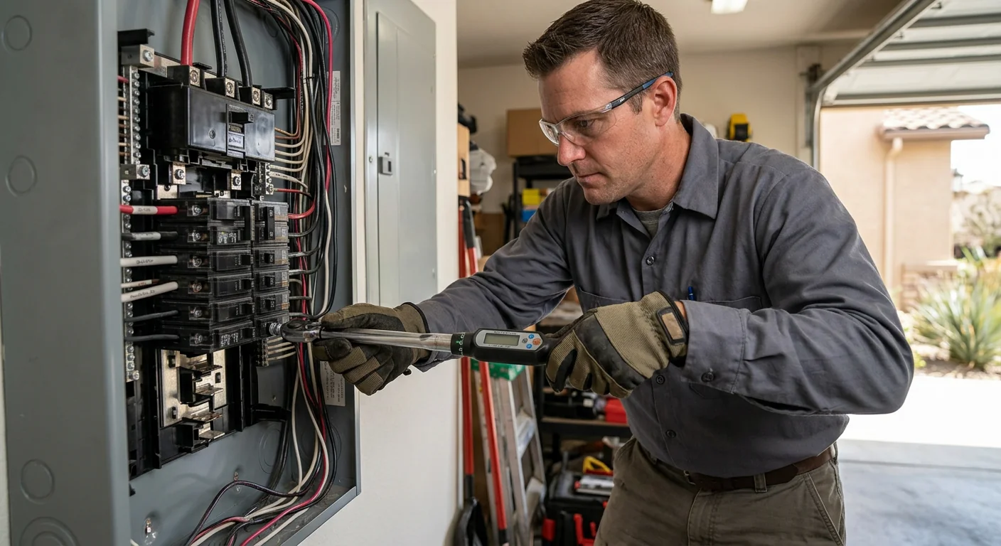 Technician torque-checking panel connections in a Lake Elsinore home